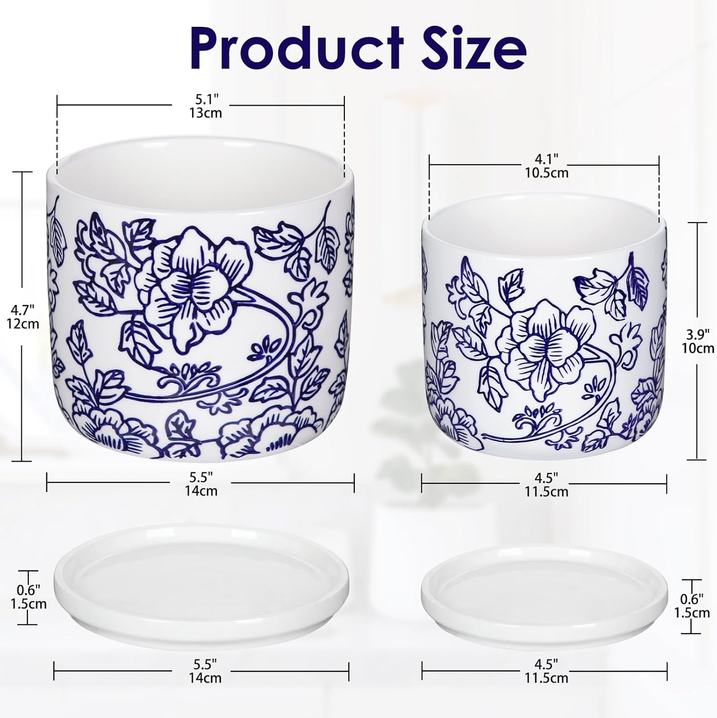 Set of 2 Blue and White Ceramic Plant Pots with Drainage Hole and Saucers, Retro Blue Porcelain Flowers Round Planters for Succulent Cactus Indoor Outdoor Garden Home Desktop Decor, 4.5+5.5 Inch