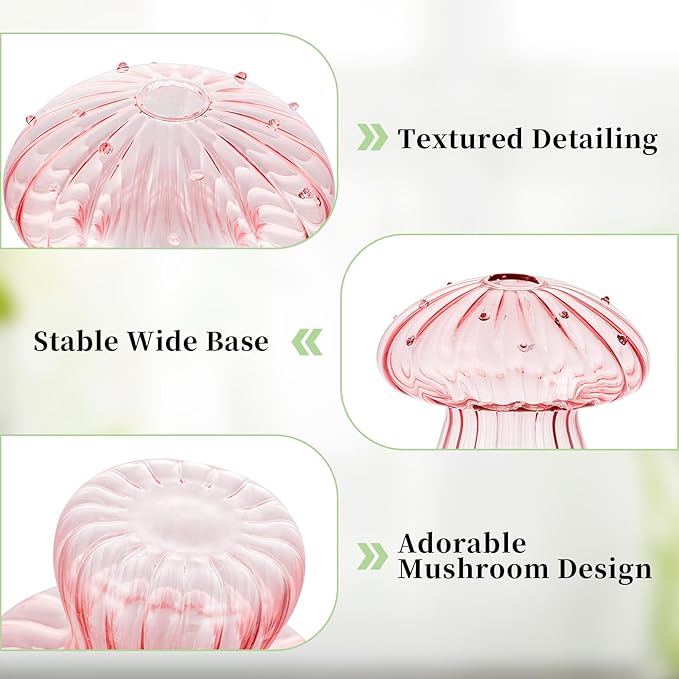 Glasseam Mushroom Plant Propagation Stations: Pink Glass Terrarium Jar Set of 5 Cute Planters for Indoor Plants Decorative Propagate Vase Unique Gifts for Women Home Office Decor