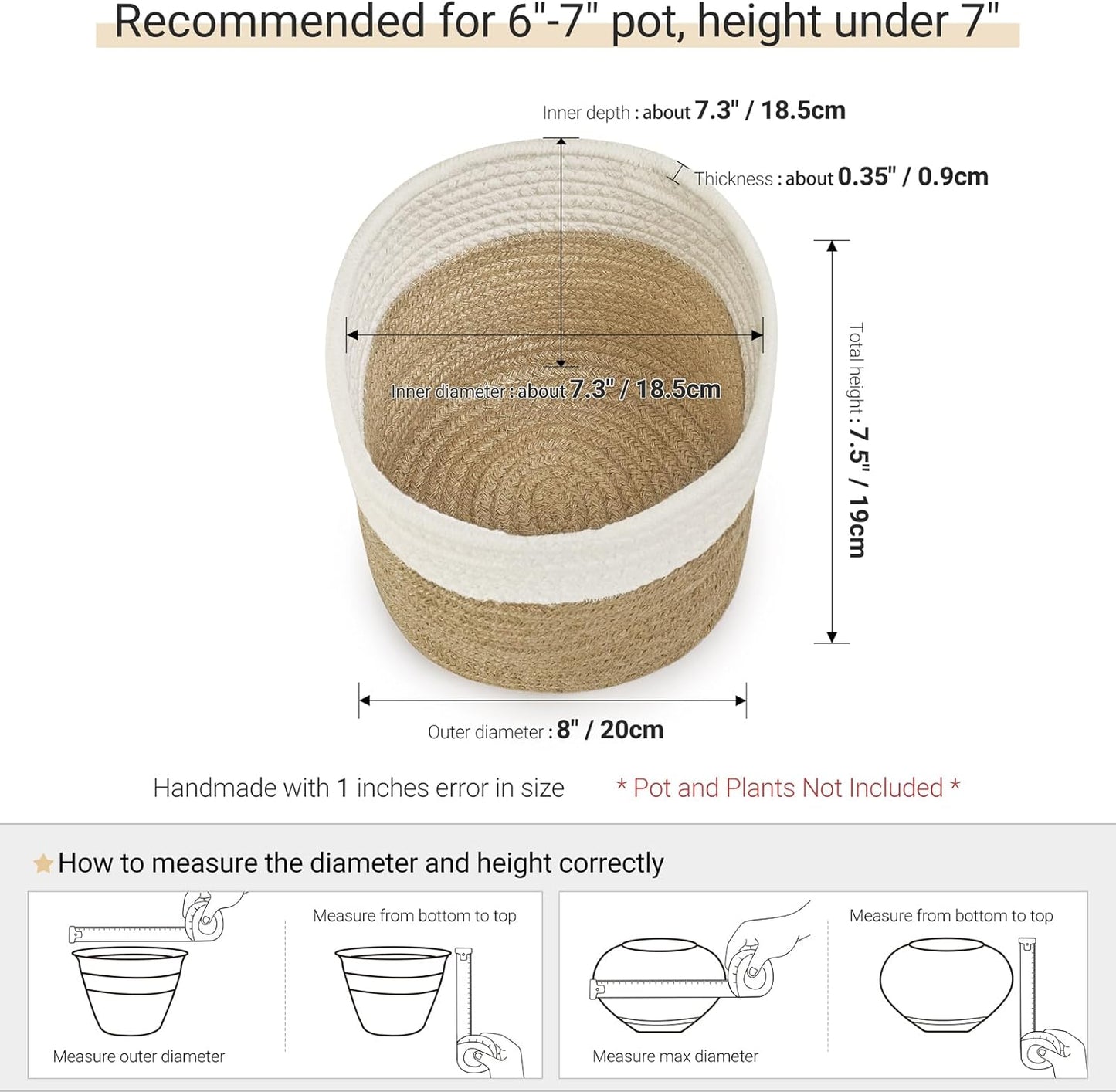 Dahey Small Cotton Rope Plant Basket Woven Plant Coiled Basket for Up to 7" Planter, Decorative Flower Pot Cover Closet Storage Bin Table Desk Organizer for Home Decor, White and Beige