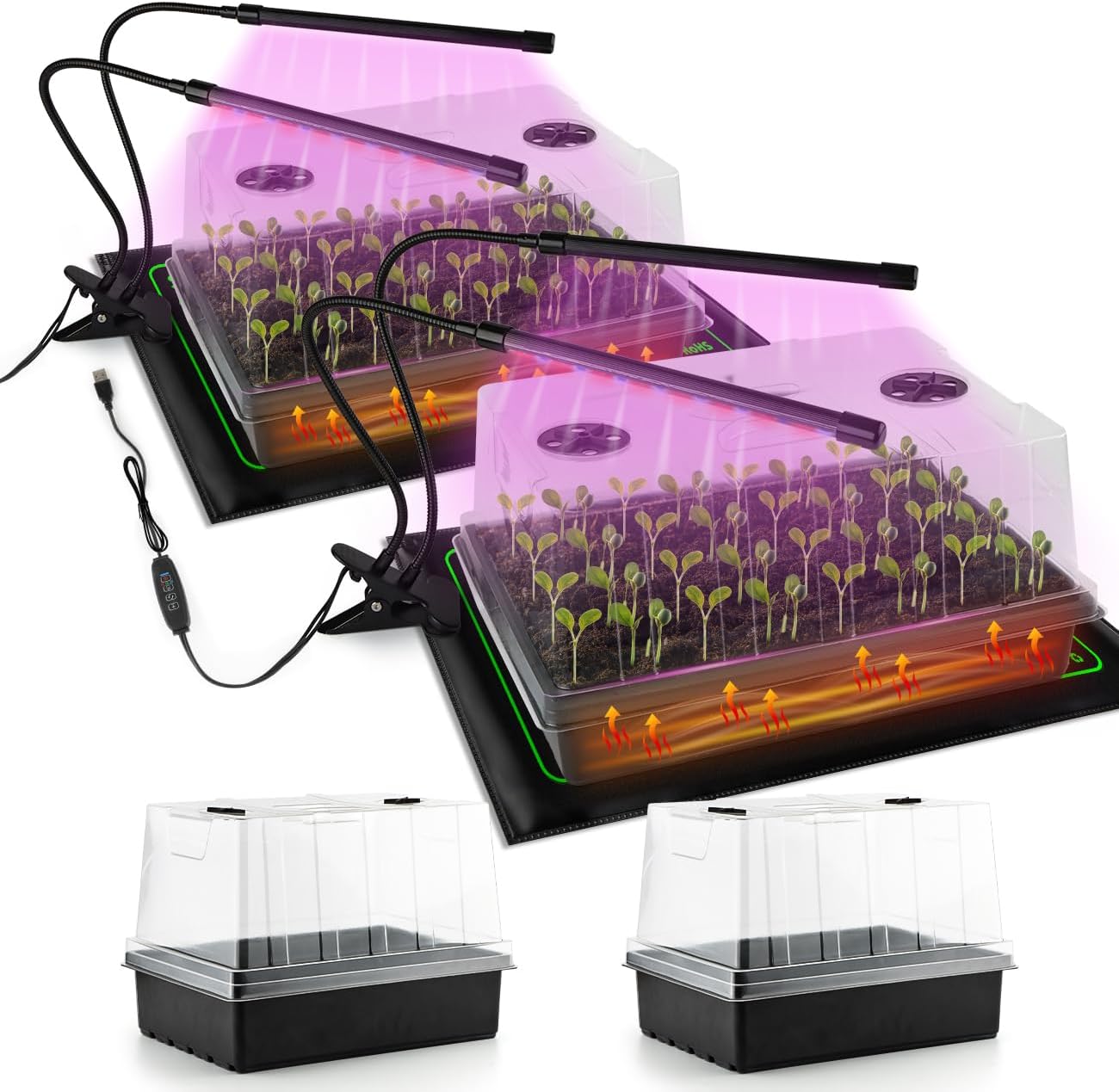 4-Pack Seed Starter Kit with Adjustable Grow Lights & 2 Heat Mats – 5'' Humidity Domes for Indoor Plants, Vegetables, Seedlings, Full Spectrum 20W, 4000K LED Light and Germination Tray with Vents