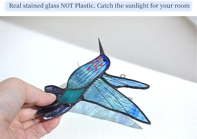 Lolitarcrafts Stained Glass Hummingbird Window Hangings with Flowers, Bird Stained Glass Suncatcher for Window Decor Hummingbird Gifts for Mom,Bird Lovers (Blue A)