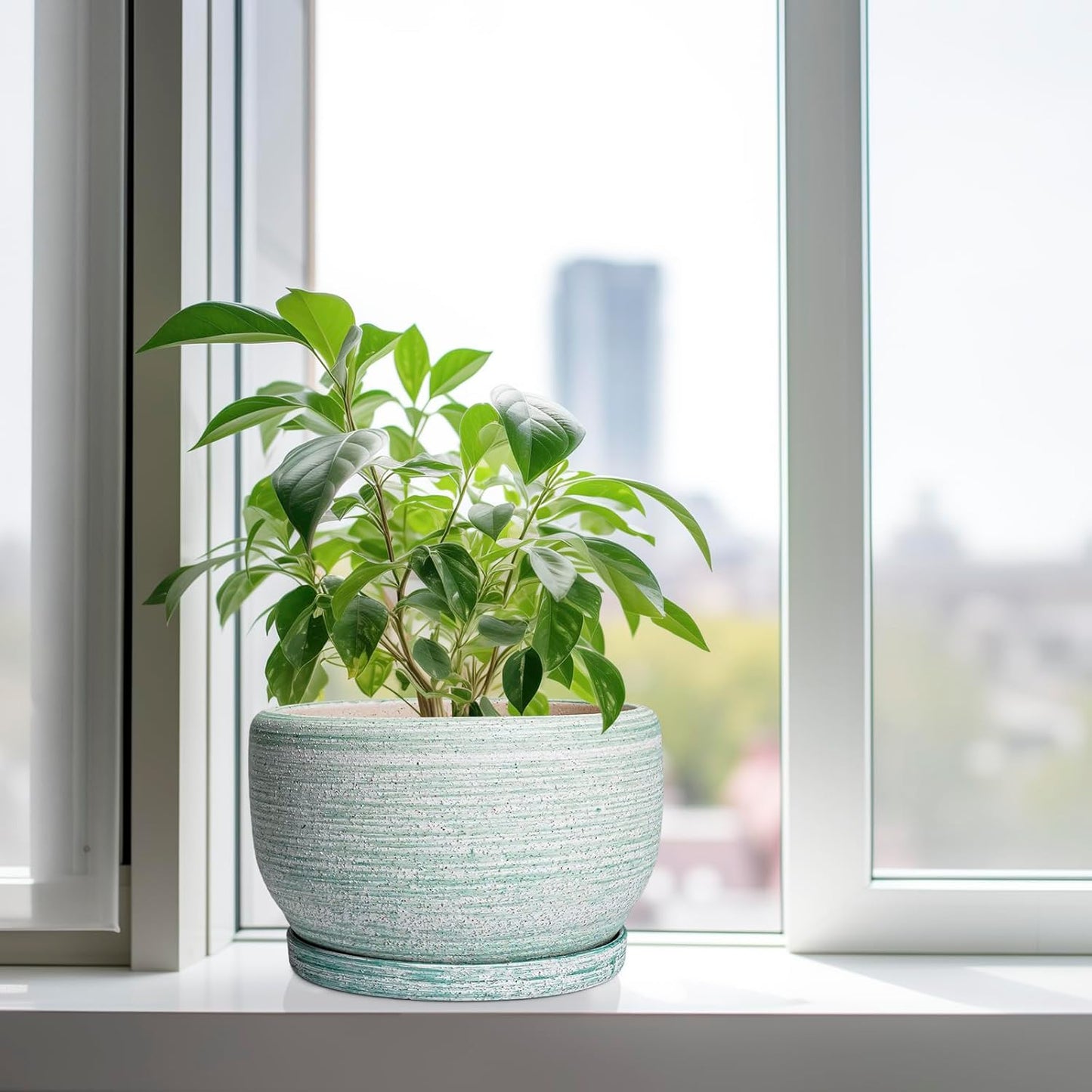 SQOWL Ceramic Pots for Plants - 10 Inch Ceramic Planter for Indoor Outdoor, Modern Round Flower Pot with Drainage Hole and Saucer, Large Planter, Home Office Decor, Gifts for Plant Lovers, Green