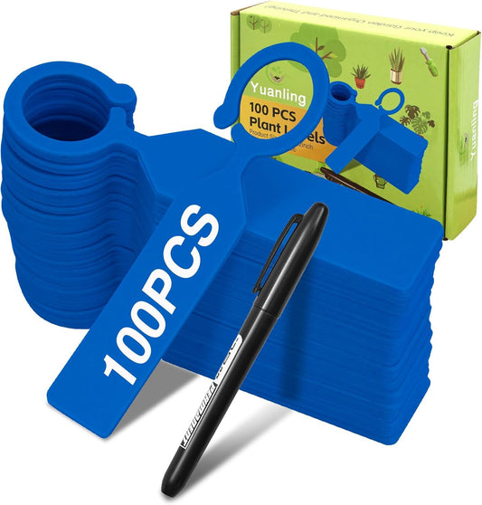 Plant Labels Yuanling 100Pcs Plastic Waterproof Plant Tree Tags Nursery Garden Markers for Indoor Outdoor Gardening Plants Vegetables Flowers Potted (Dark Blue Color with 1 Marker Pen)