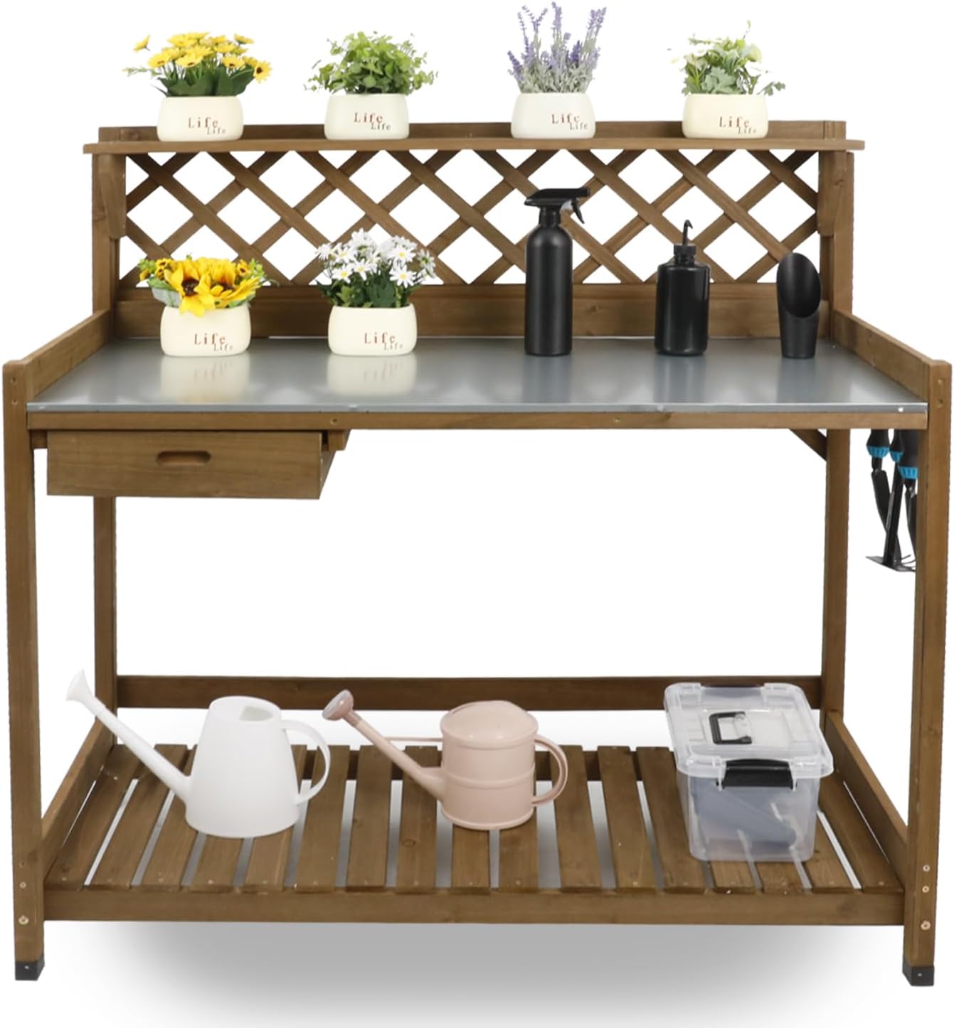 Garden Potting Benches & Tables,Outdoor Wooden Work Station W/Metal Table Top,Drawer,Large Bottom Shelf,Open Shelf Natural Wood-Natural Stained