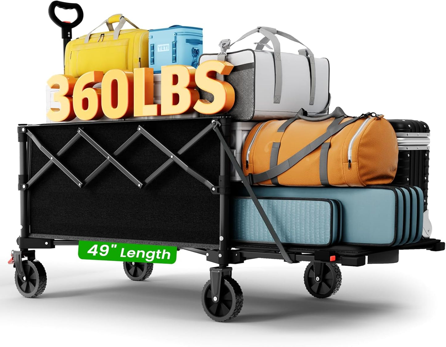 Extra Large Foldable Wagons Extended, 250L Collapsible Wagon with Tailgate, 49”L Folding Wagons with Brakes, Grocery Wagon, Utility Cart for Sports, Shopping, and Camping, Black