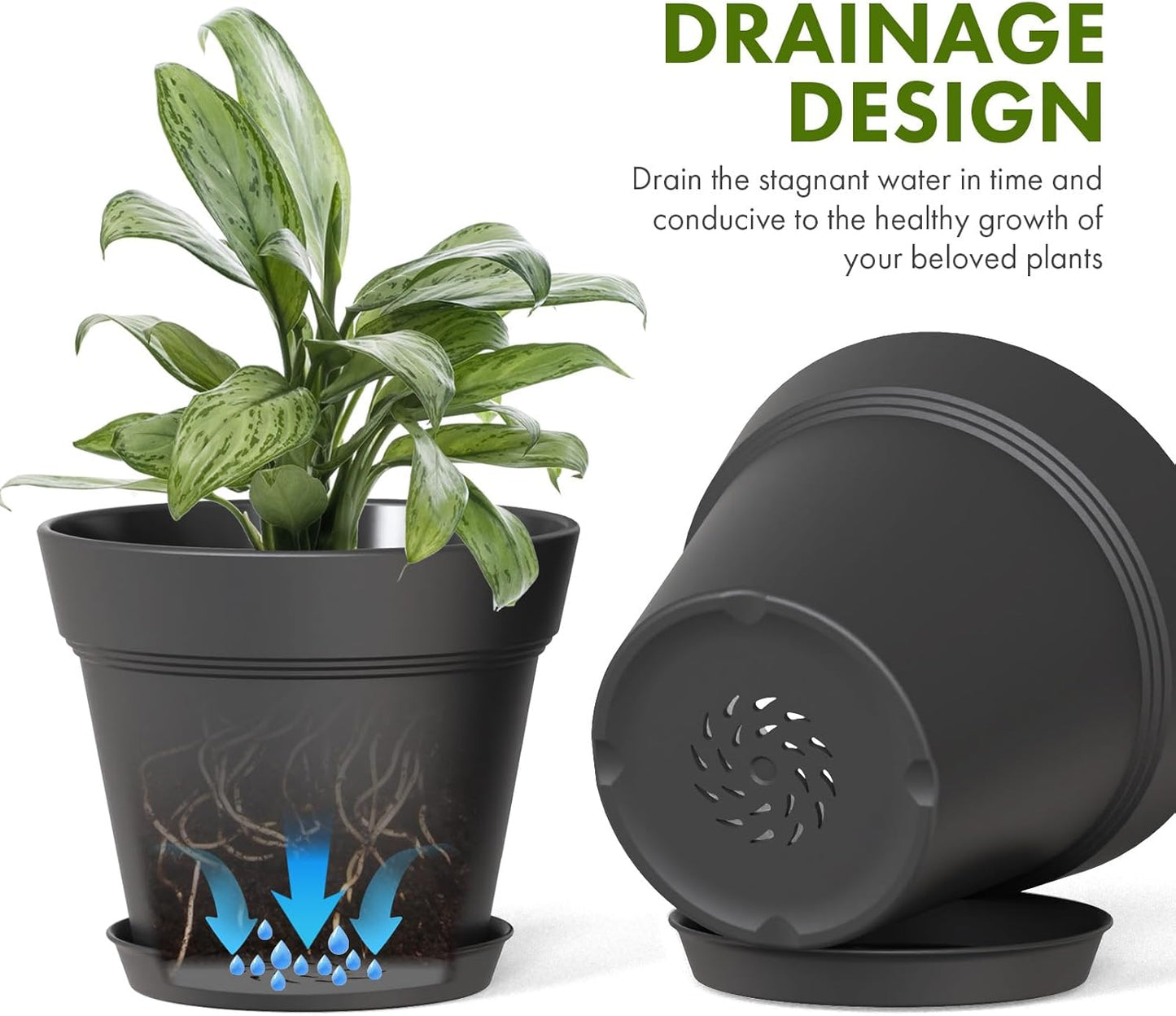 4 Inch Plastic Plant Pots with Drainage Holes and Trays – 8 Pack Small Nursery Pots for Indoor & Outdoor House Plants and Flowers, Seedling Starter Planters, Matte Black