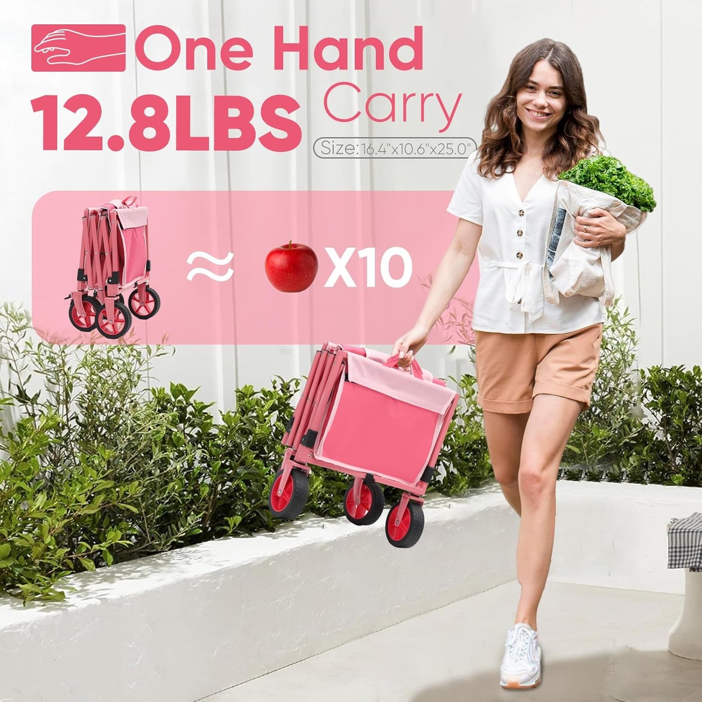 Wagon with Brakes, Foldable Cart with 220LBS Capacity, Utility Lightweight Wagon, Collapsible Grocery Shopping Cart for Camping Sports & Holiday.Pink