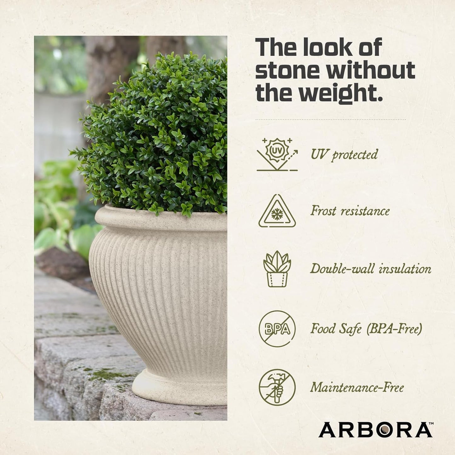 ARBORA 18" Cannes Urn Polyresin Indoor and Outdoor Planter with Classic Cream Finish - Durable, Weatherproof, Lightweight, Large Plant Pot for Patio, Garden, Deck, Entryway