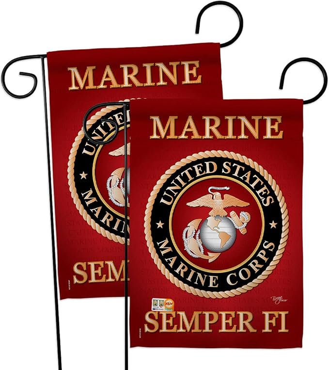 Marine Corps Garden Flag - 2pcs Pack Armed Forces USMC Semper Fi United State American Military Veteran Retire Official - House Decoration Banner Small Yard Gift Double-Sided Made In USA 13 X 18.5