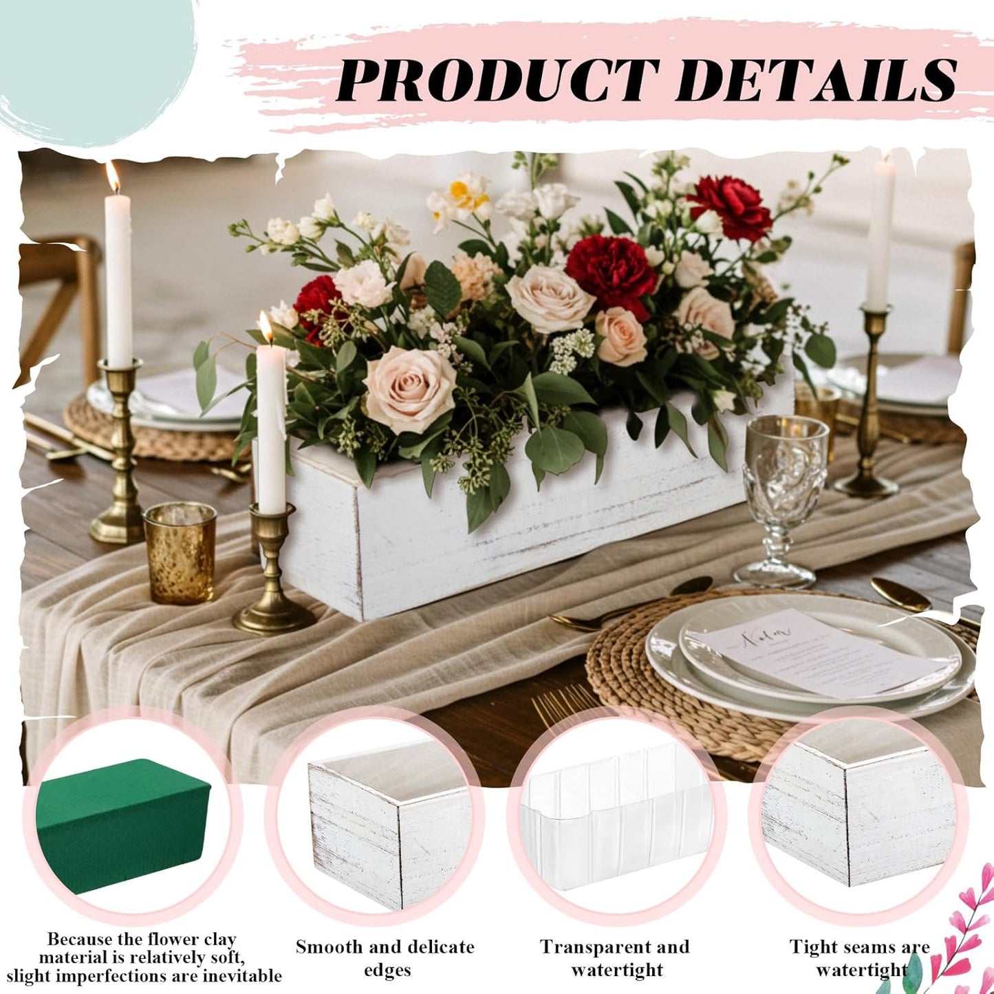 Dandat 5 Set Wood Boxes for Centerpieces 12x4 Inch Rectangle Wooden Planter Box Rustic Wooden Planters with Removable Plastic Liner Floral Foam Blocks for Home Wedding Garden Decor