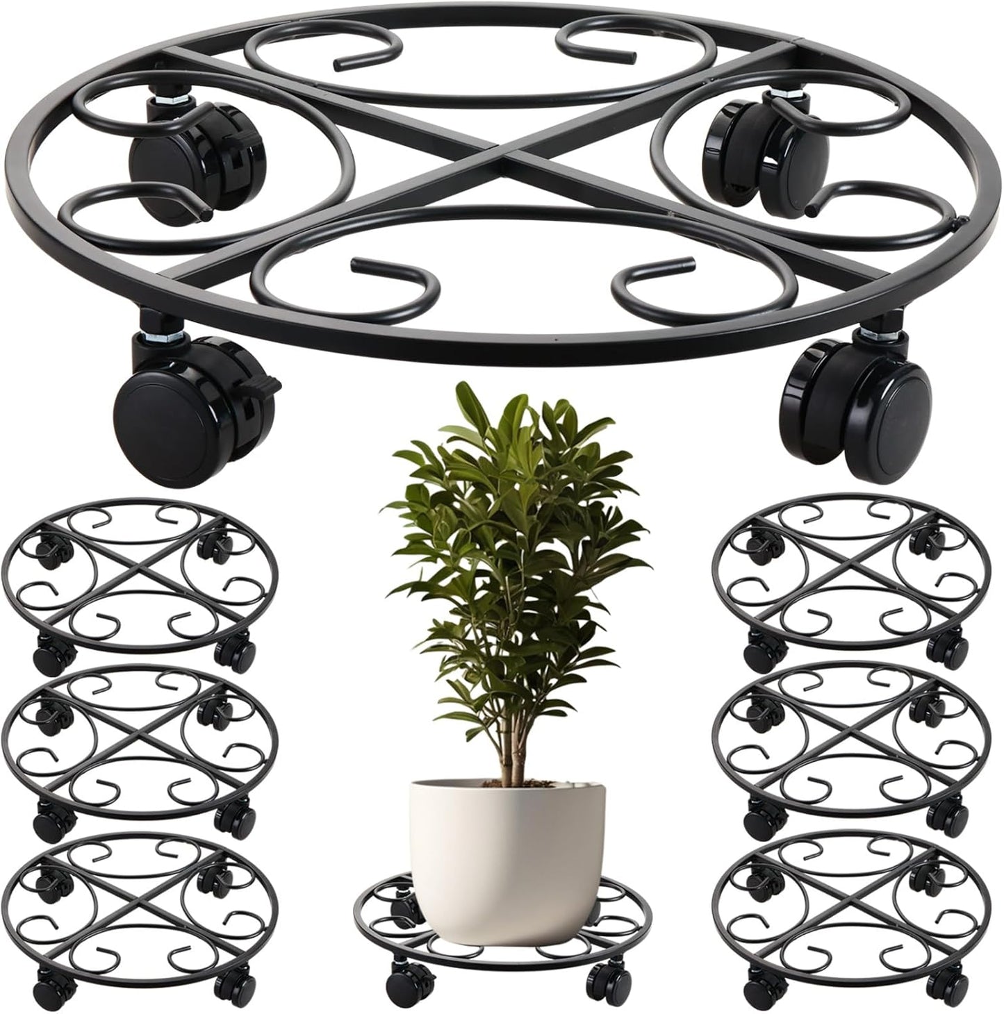 6-pack 15.8 inches Extra-large Metal Plant Caddy with Wheels Rolling Plant Stands Wheeled Plant Dolly Coasters Heavy-duty Pot Mover Roller Base Indoor Outdoor Garden Planter Trolley Cart, Black