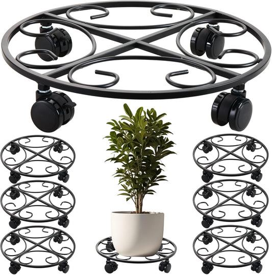 6-pack 15.8 inches Extra-large Metal Plant Caddy with Wheels Rolling Plant Stands Wheeled Plant Dolly Coasters Heavy-duty Pot Mover Roller Base Indoor Outdoor Garden Planter Trolley Cart, Black