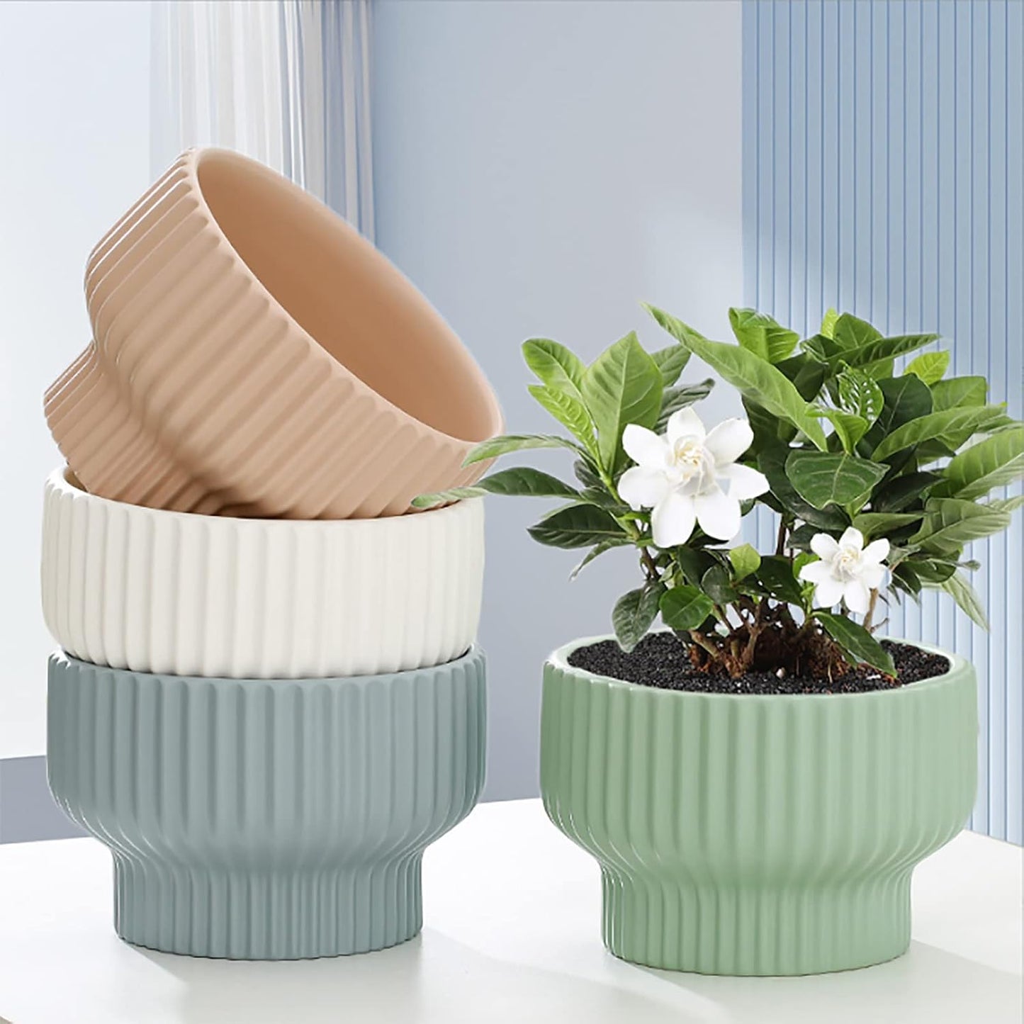 Puoyik 2 Piece Set of Flower Pots 8/6 inches, Ceramic Flower Pots with Drainage Holes, Indoor and Outdoor Plant Flower Planter (7.8/5.9 Green)