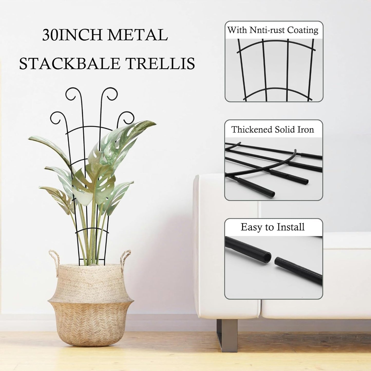 30 Inch Plant Trellis Indoor for Potted Plants 3 Pack Indoor Plant Trellis for Climbing Plants Stackable Houseplant Support Metal Garden Pot for Vine Ivy(30inch Black)