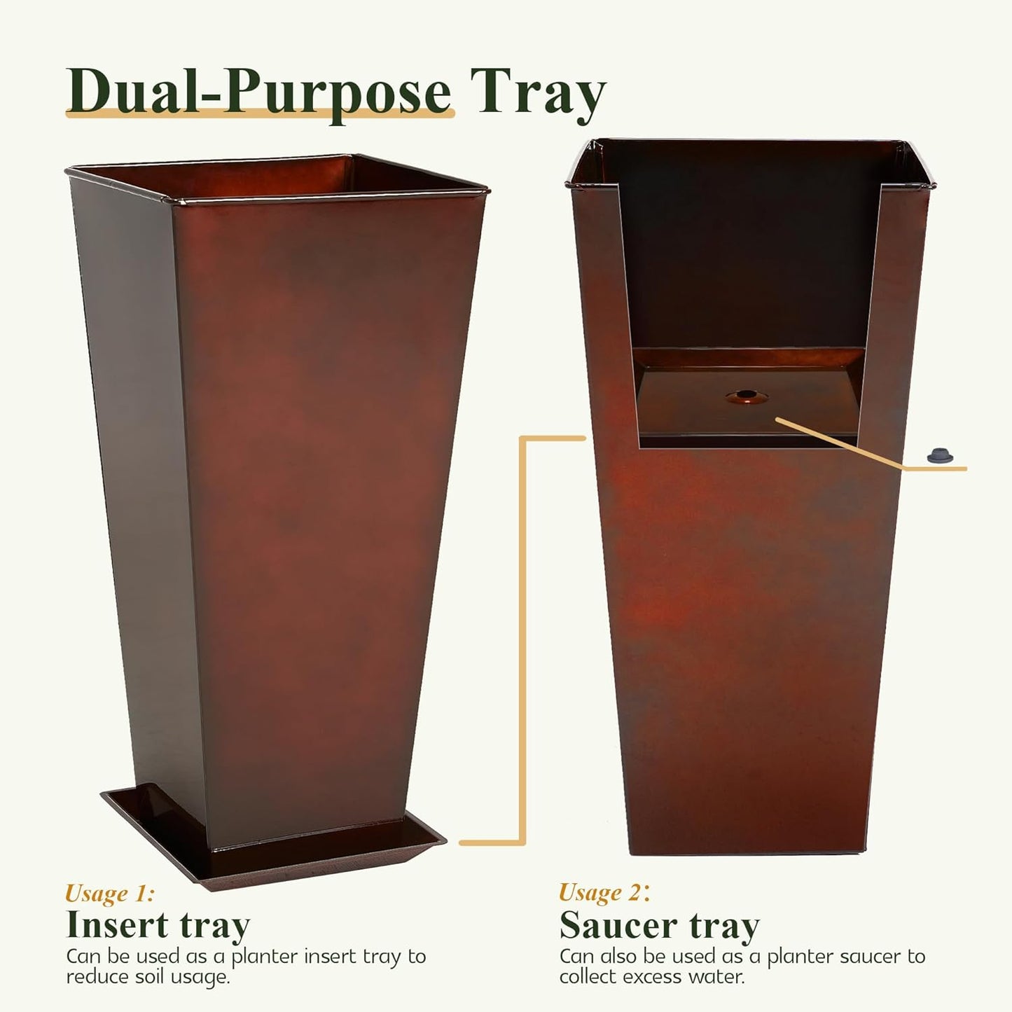 Worth Garden Large Metal Glazed Planter Set of 2 (25" + 28"), Luxurious Glossy Finish Red Tall Square Tapered Steel Plant Pot, Decor Flower Pot Indoor & Outdoor, Drainage Hole & Dual-Purpose Saucer