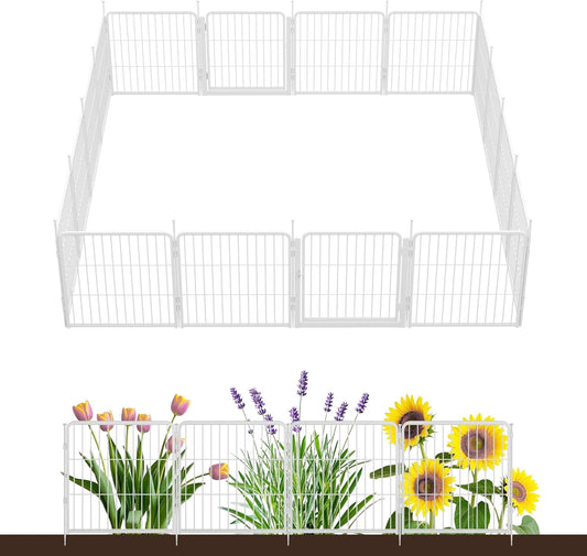 Decorative Garden Fence with Gate 24 in(H) x 29.7 ft(L) 16 Panels, Heavy Duty Metal Animal Barrier Fence for Yard, Flower Bed Fencing, Garden Border Fence, Easy Set Up, White