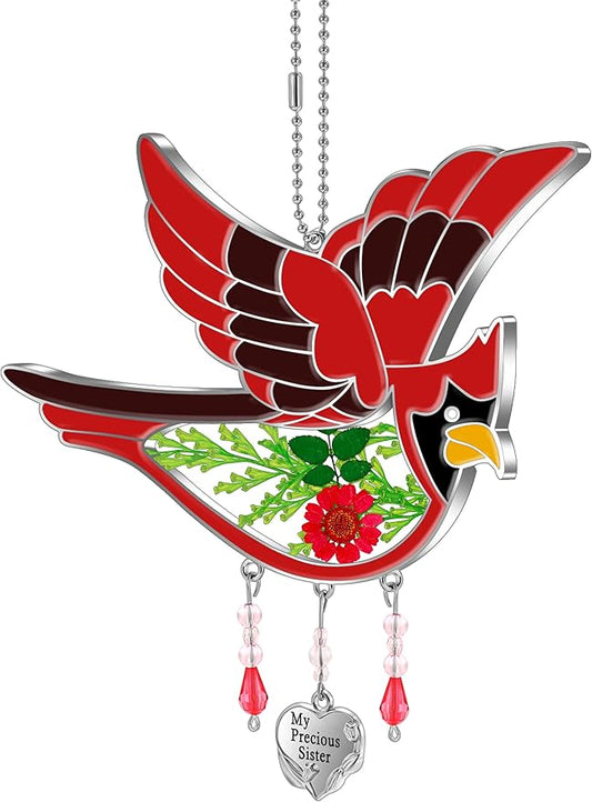 KY&BOSAM Cardinal Suncatcher Stain Glass My Precious Sister Had-Painted Sun Catcher Hanging for Window Wind Chime Gifts for Sister Mother`s Day Valentine's Birthday Christmas Thanksgiving