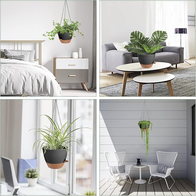 Hanging Planters for Indoor Outdoor Plants, 2 Pack Self Watering Hanging Pot with Drainage Holes & Removable Tray (Black, 8'')