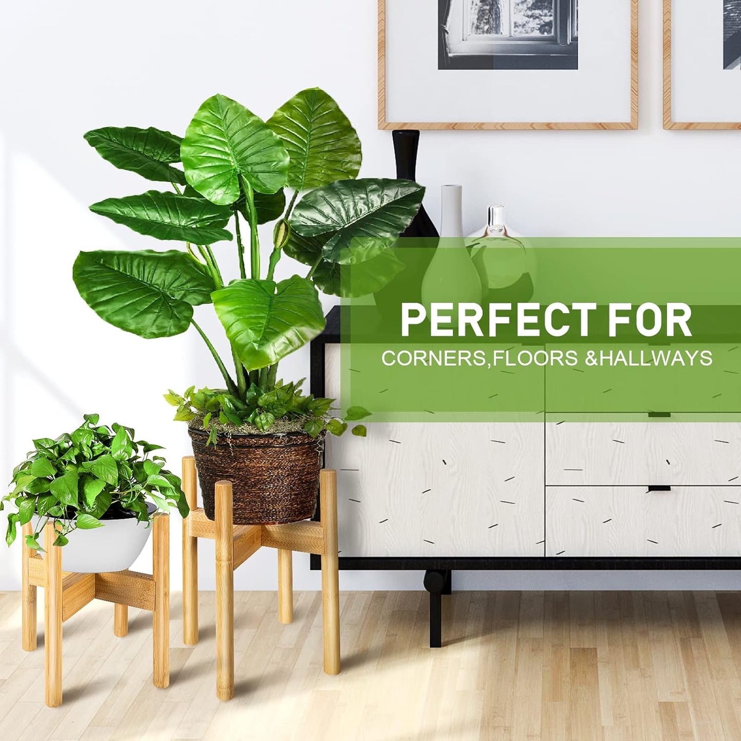 FJO 2Pcs Adjustable Plant Stand Indoor - Bamboo Plant Stands, Bamboo Mid Century Modern Plants Stands, Plant Holder for Living Room Fits 8 to 12 Inches Pots(Pot & Plant Not Included) (Natural)