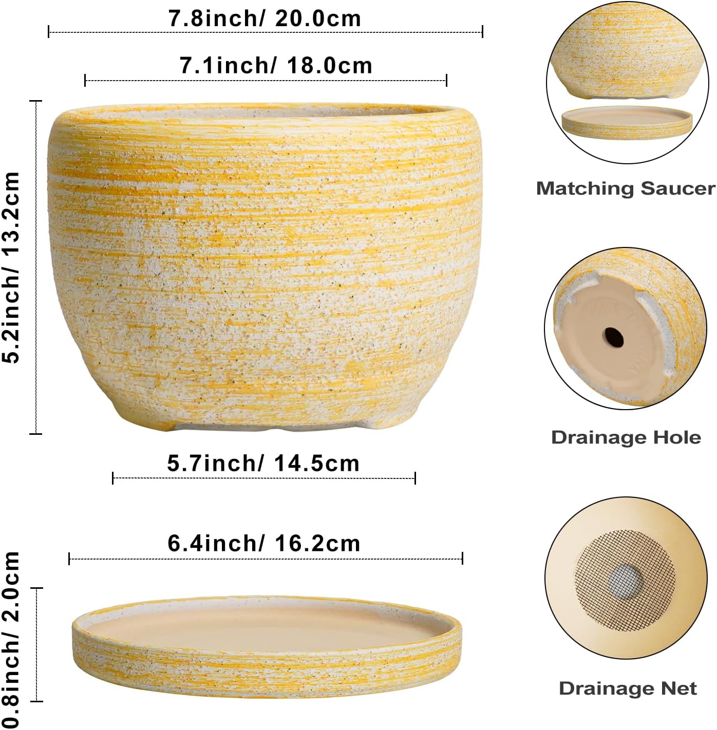 SQOWL Ceramic Flower Pots - 8 inch Plant Pot Indoor with Drainage Hole and Saucer, Modern Ceramic Planter Outdoor, Round Decorative Planter, Living Room Home Decor, Gifts for Plant Lovers, Yellow