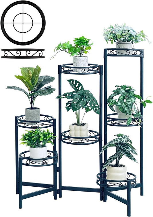 7 Tier Plant Stand, Tall Metal Wrought Iron Plant Shelf Holder for Indoor, Outdoor Folding Tall Display Rack Flower Pot Stand for Corner Living Room Balcony Garden Patio - BlackCircle