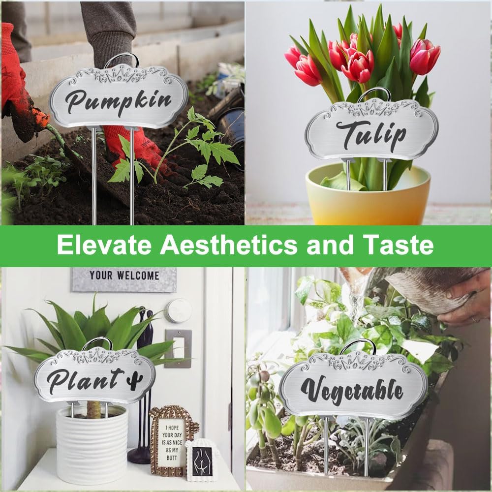 50 Packs Metal Plant Labels, Tall Outdoor Garden Markers for Flowers, Fruits and Vegetables, 304 Stainless Steel Weatherproof Signs (4" x 1.9", Silver)