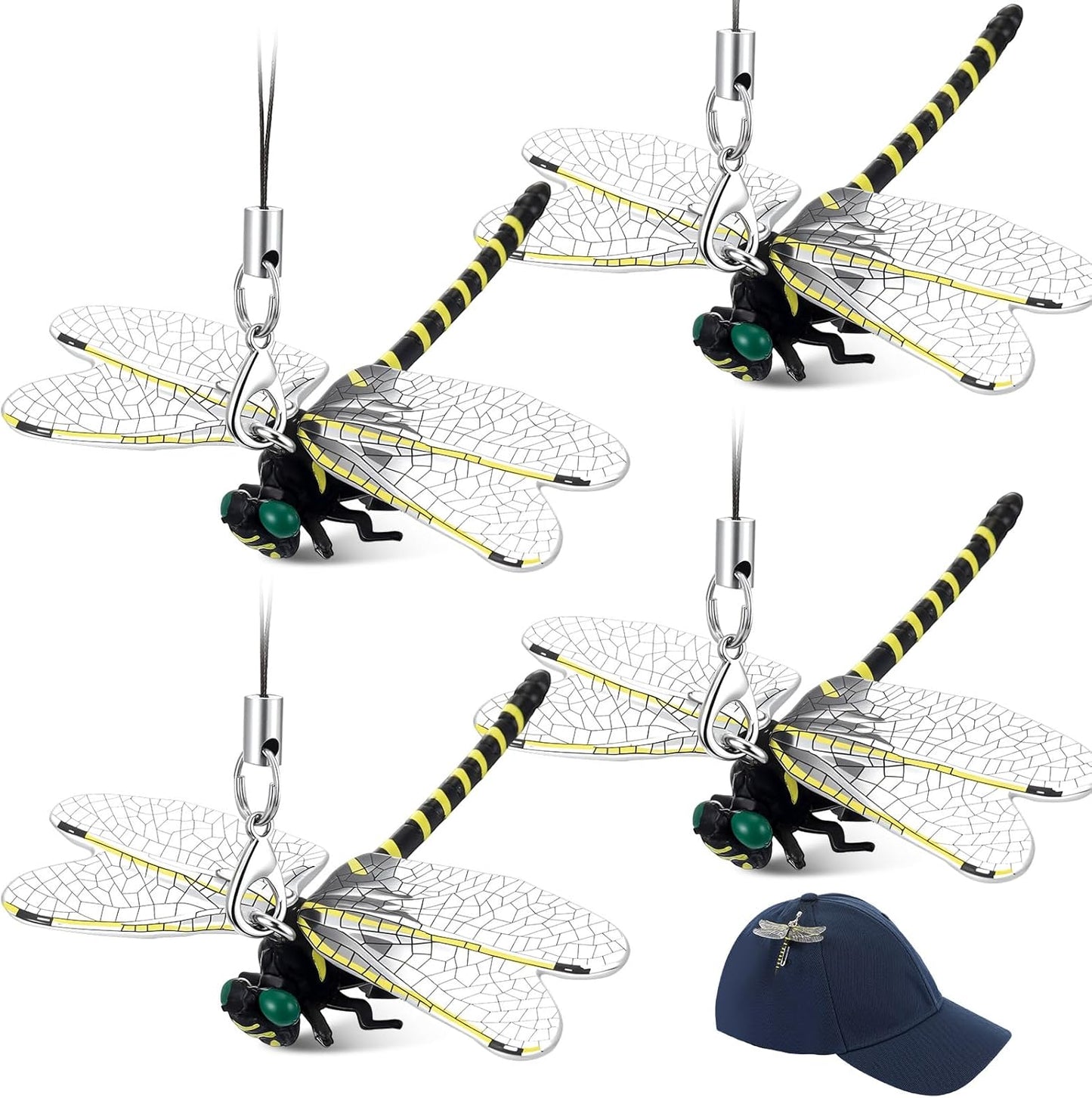Qualirey 4pcs Dragonfly Hat Clip 2.2inch Realistic Dragonfly Clip with Hook Attach to Backpack Hat Keychain for Indoor Yard Garden Plant Decor