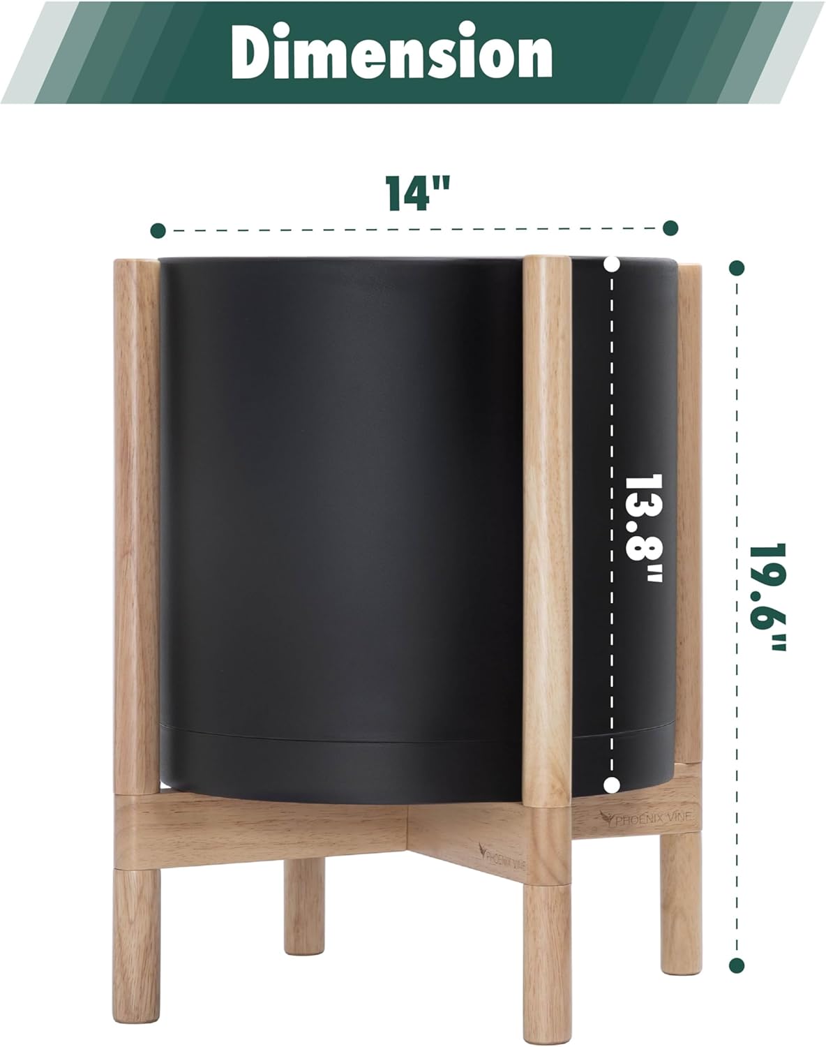 D'vine Dev Planter Pot with Stand - 14 Inch Plastic Cylinder Flower Pot with Wood Planter Holder for Indoor, Matte Black Pot + Natural Stand, 55-C-S-2