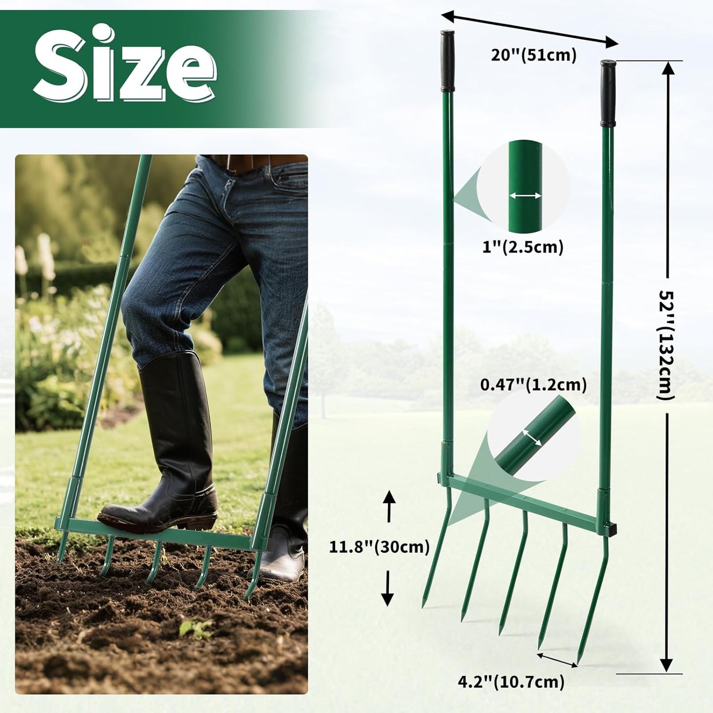 Broadfork Garden Tool with Steel Handle Heavy Duty Five Tines Broad Fork for Gardening Loosening and Aerating Soil, U-Shaped Design Hand Tiller, Compost Turner and Aerator