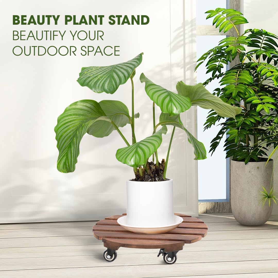 Idzo 2-Pack 14 Inch Acacia Wood Plant Caddy with Wheels – Heavy-Duty Plant Dolly with 264 Lbs Capacity, 360° Lockable Wheels for Large Plant Pots, Heavy Objects, Ideal for Indoor and Outdoor Use