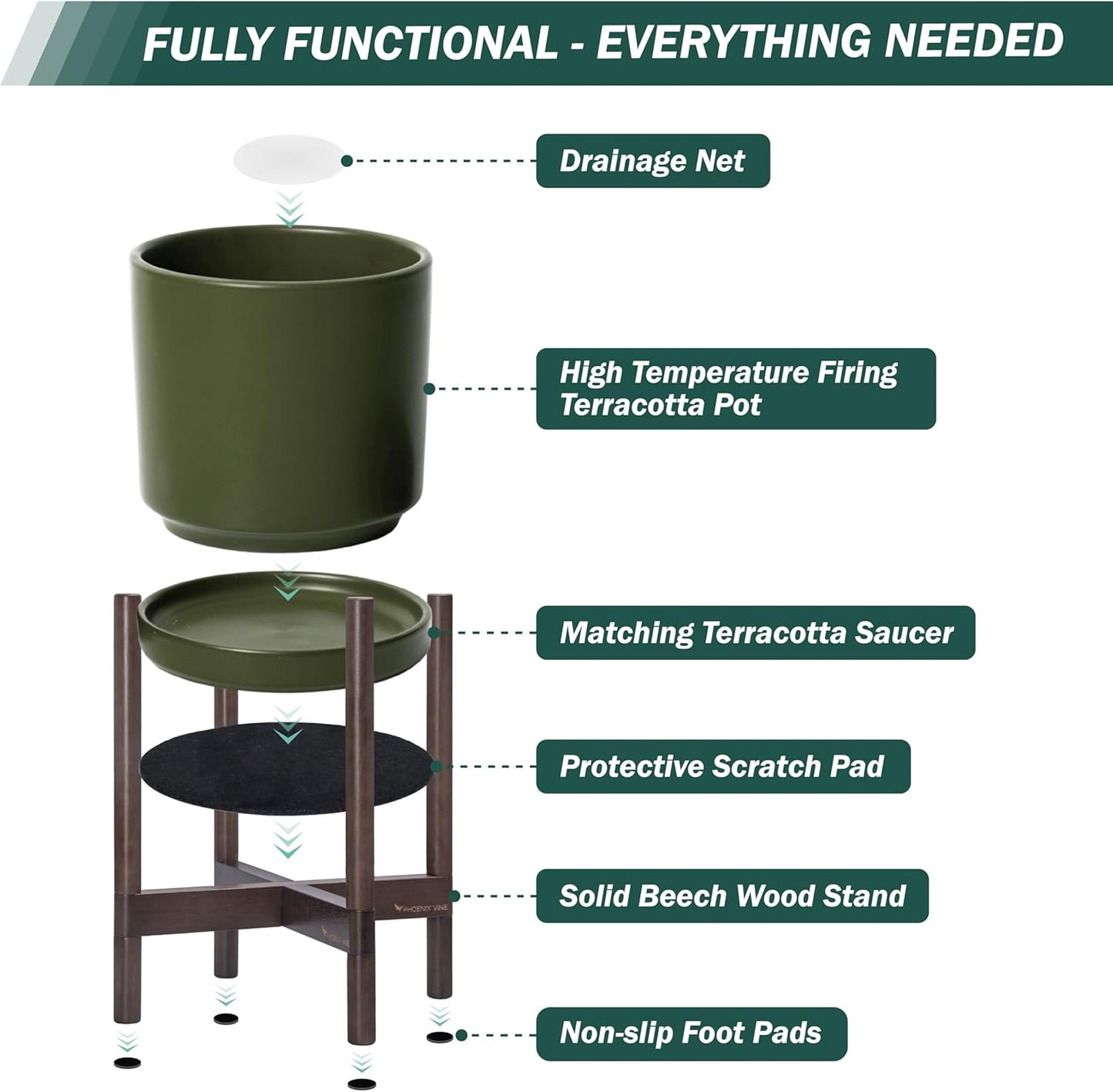 D'vine Dev Ceramic Planter with Walnut Color Stand - 8 Inch Modern Round Flower Pot with Wood Planter Holder, Olive, 55-B-Y-J