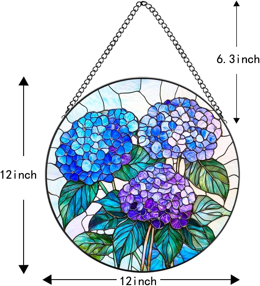 Handmade Hydrangea Flower Stained Glass Suncatcher - Vibrant Window Décor for Home/Garden,Gift-Ready Sun Catcher Art with Hook (Blue, 11.8 * 11.8IN)