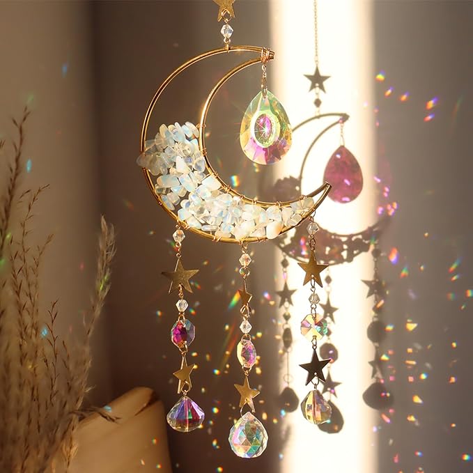 Crystal Suncatcher Hanging Moon Sun Light Catcher with Glass Prisms for Window Natural White Spar Crystal Decor Home Indoor Making Rainbows