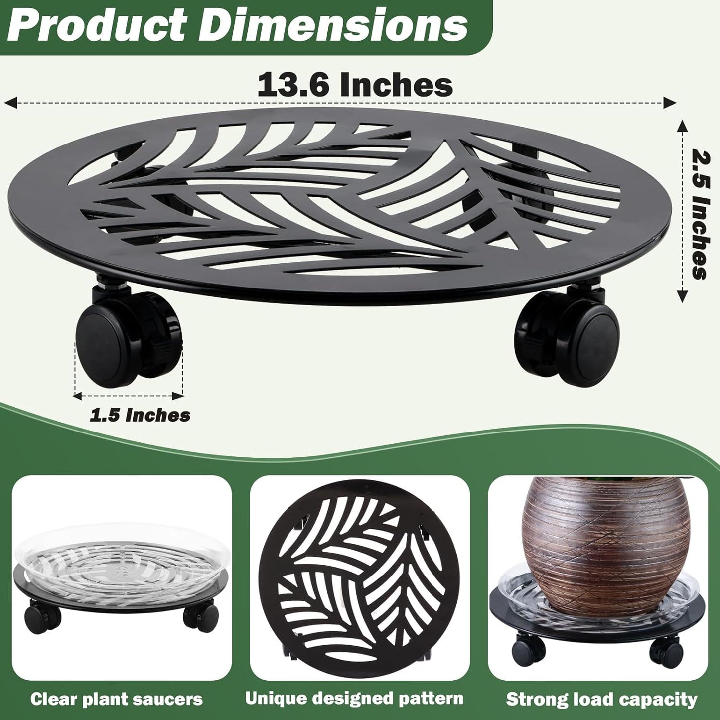 2 Packs Large Metal Plant Caddy with PU Wheels 13.6" Heavy-duty Wrought Iron Rolling Plant Stands Indoor Outdoor Wheeled Plant Dolly Planter Mover Rollers Plant, Leaf Style