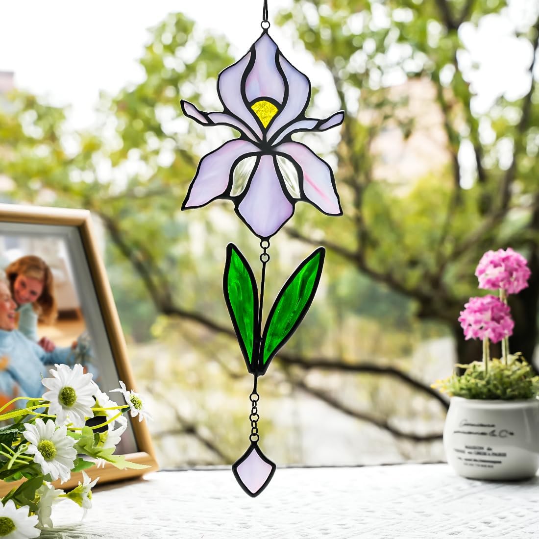 Handmade Iris Flower Stained Glass Suncatcher - Colorful Window Hanging Decor for Home/Office/Church/Wedding - Unique Birthday Gift for Women, Mother's Day, for Mom Grandma