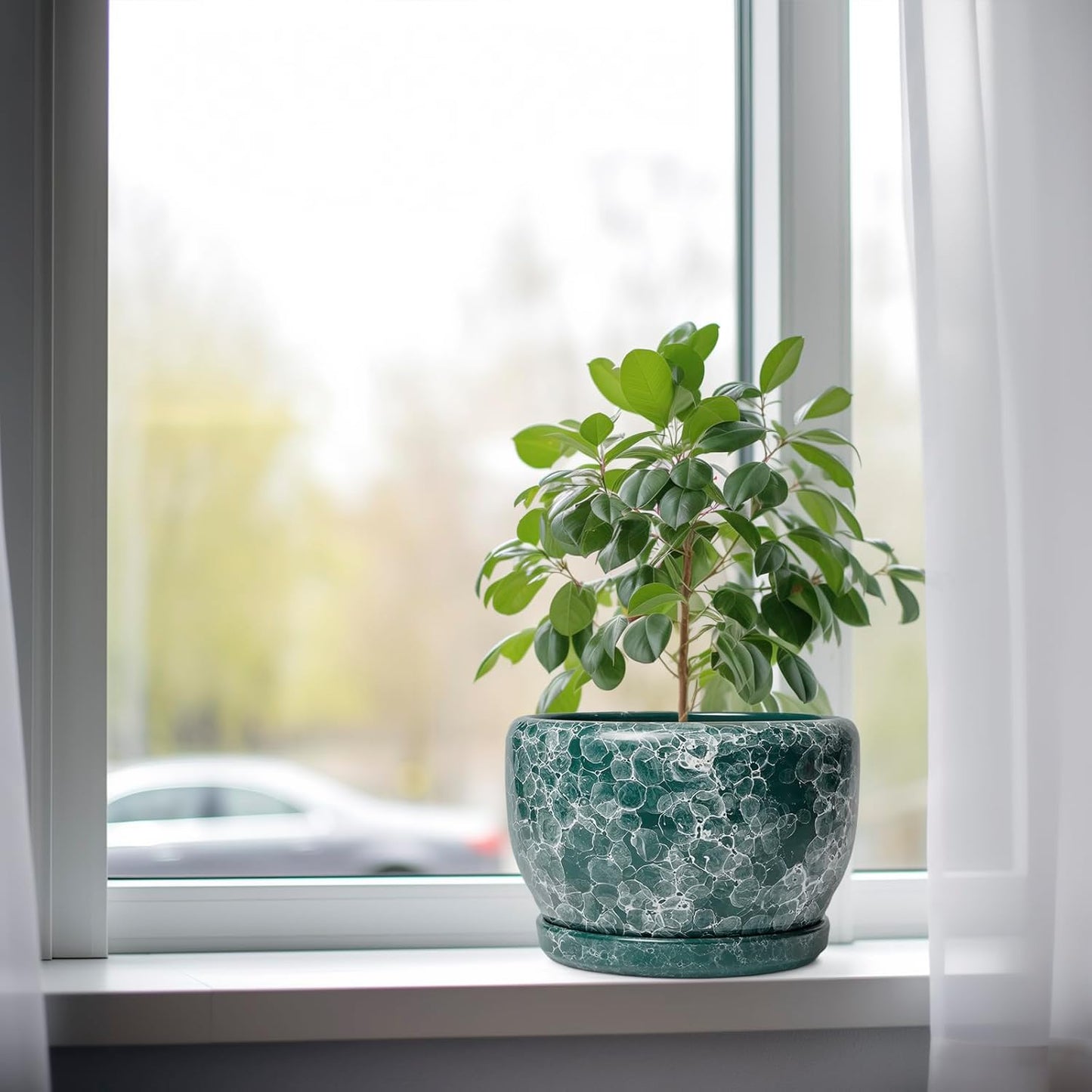 SQOWL 8 Inch Plant Pot - Ceramic Planter for Indoor Plants, Decorative Flower Pot with Drainage Hole and Saucer, Round Planter Outdoor, Room Patio Decor, Garden Gifts for Women, Green