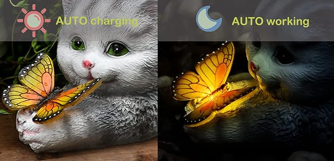 Solar Garden Statue Cat,Garden Figurine Outdoor Decoration with Cat Holding Butterfly for Yard,Patio,Lawn Art Decoration,Housewarming Gift