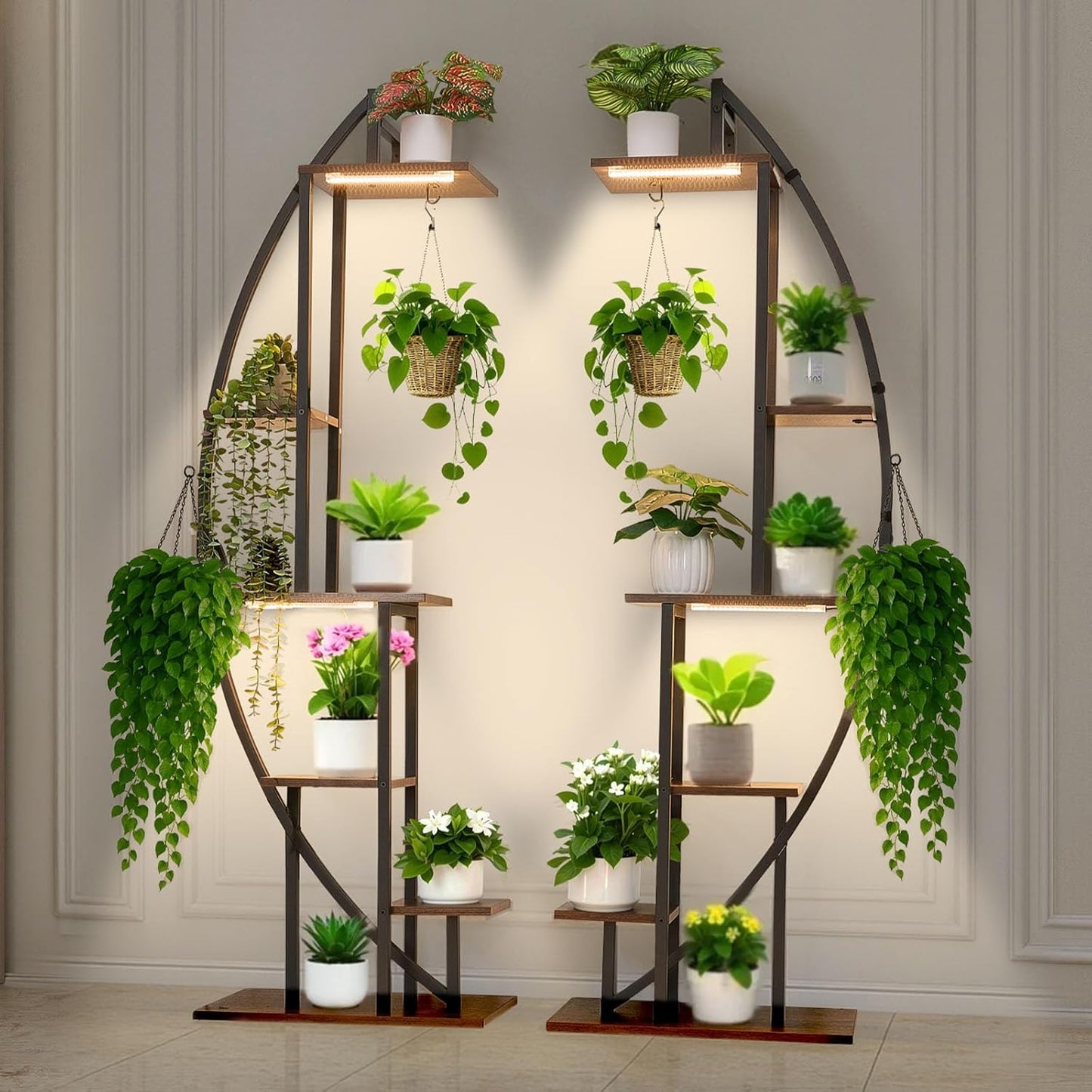 VEVOR Plant Stand Indoor with Grow Lights, 63 in Tall 6-Tiered Lighted Plant Shelf, 2 Pack Metal Corner Plants Holder, 3 Timer & 10 Brightness, Half-Moon Shaped Flower Display Rack for Living Room