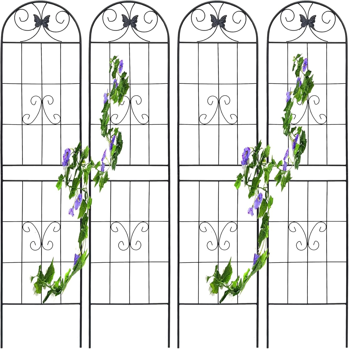 4 Pack Metal Garden Trellis for Climbing Plants, 86.7" Tall Rustproof Outdoor Trellis Panel with Line Butterfly Design, Decorative Black Iron Plant Support for Vine, Rose, Flower, Garden Wall