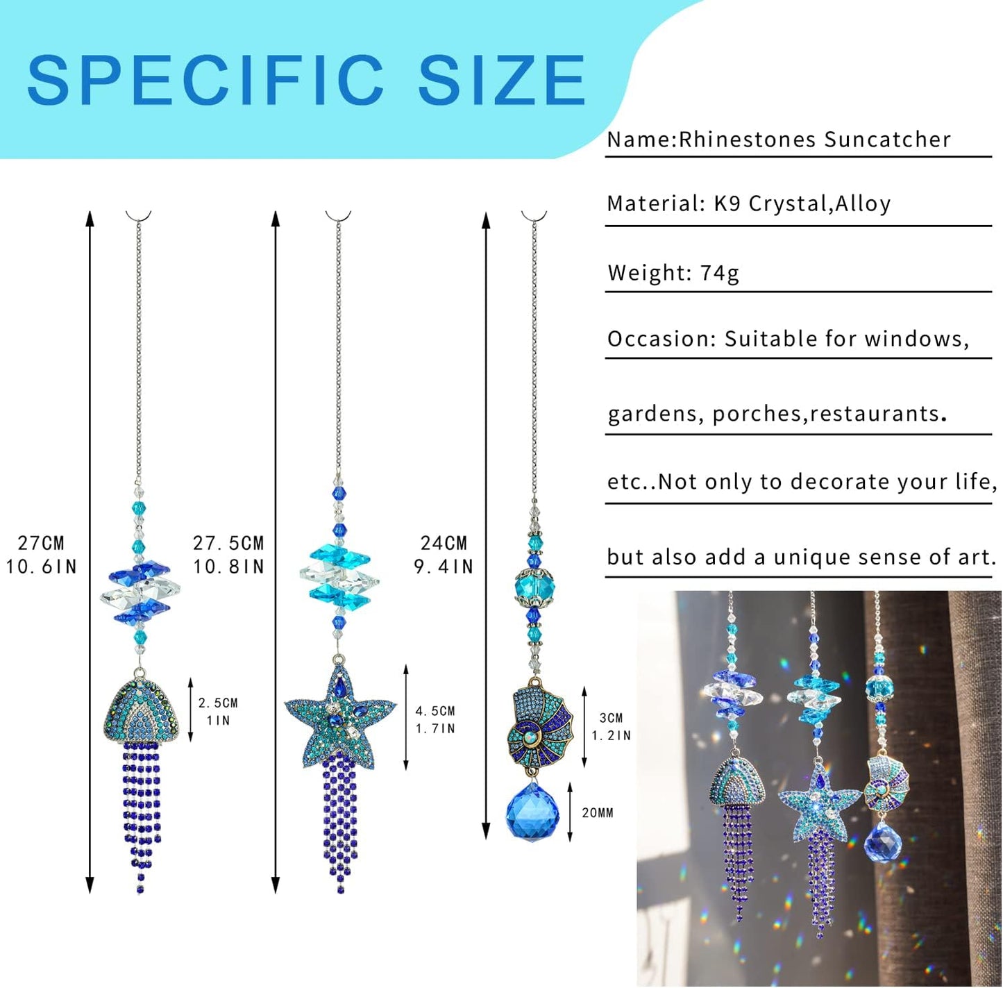 H&D HYALINE & DORA 3pcs Rhinestones Crystal Suncatcher Indoor Window Hanging Pendants, Sun Catchers Rhinestones Starfish Jellyfish Conch with Beads Prism Decor Wedding Garden Porch Ornament