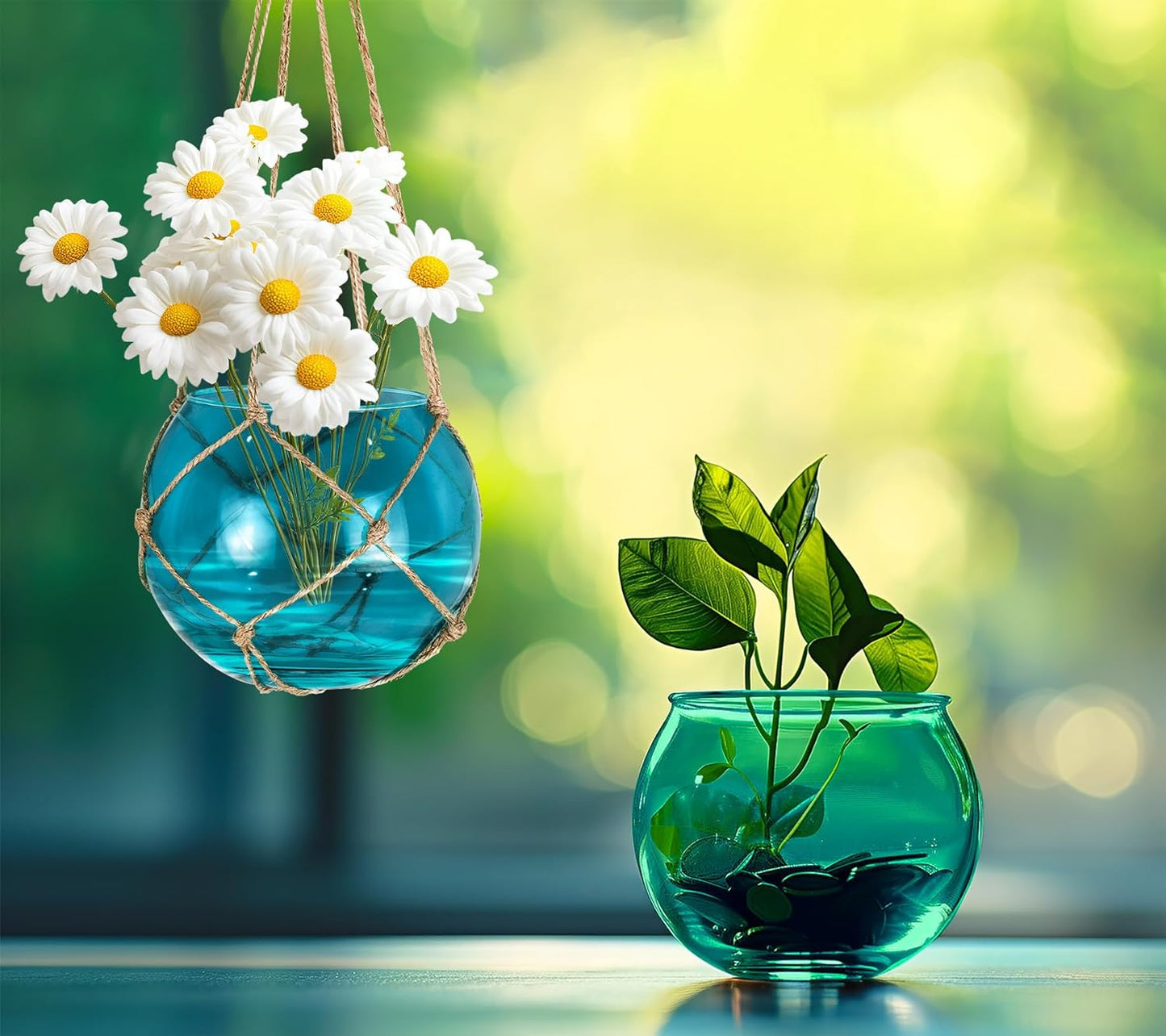 SAILINGSTORY Hanging Glass Plant Terrarium 5" Glass Planter Propagation Stations Flower Vase Blue and Teal Set of 2 Pack