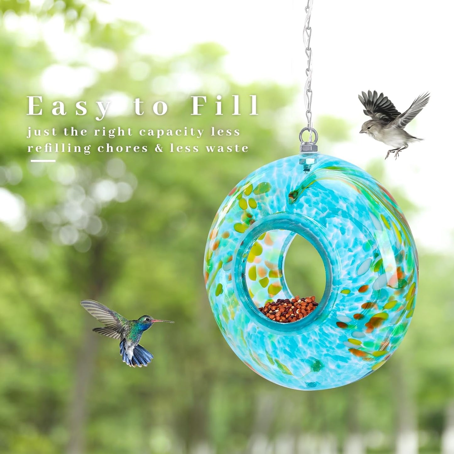 VCUTEKA Bird Feeder Solar Fly Through Bird Feeders for Outside Hanging with Round Shape Glass Container to Attract Wild Birds for Garden Decor, Blue 8"