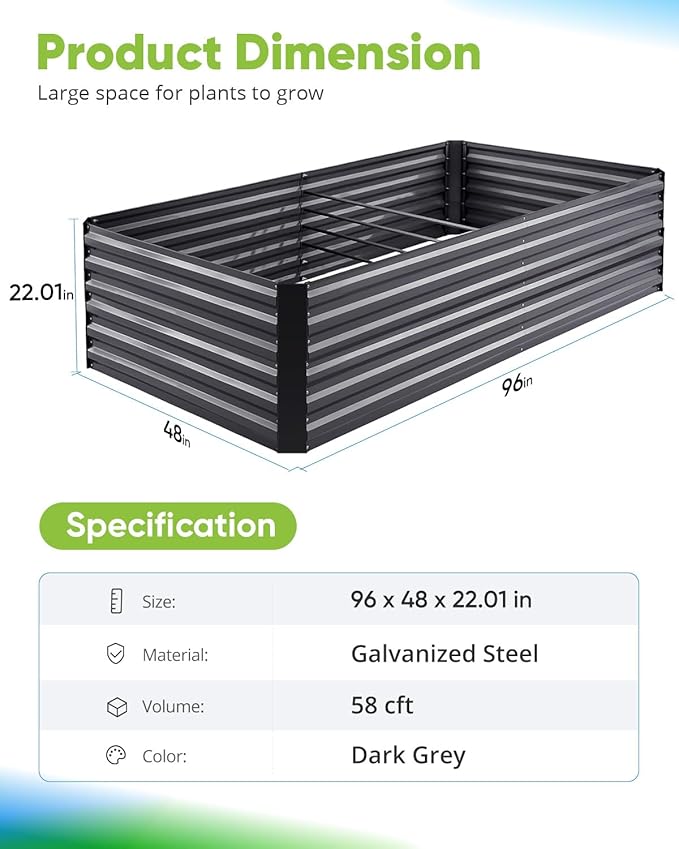 Quictent Galvanized Raised Garden Bed 8x4x2 Ft Tall Metal Planter Box for Vegetables Bottomless for Backyard, 2 Tomato Cages Included, 22.04" Deep, Dark Grey