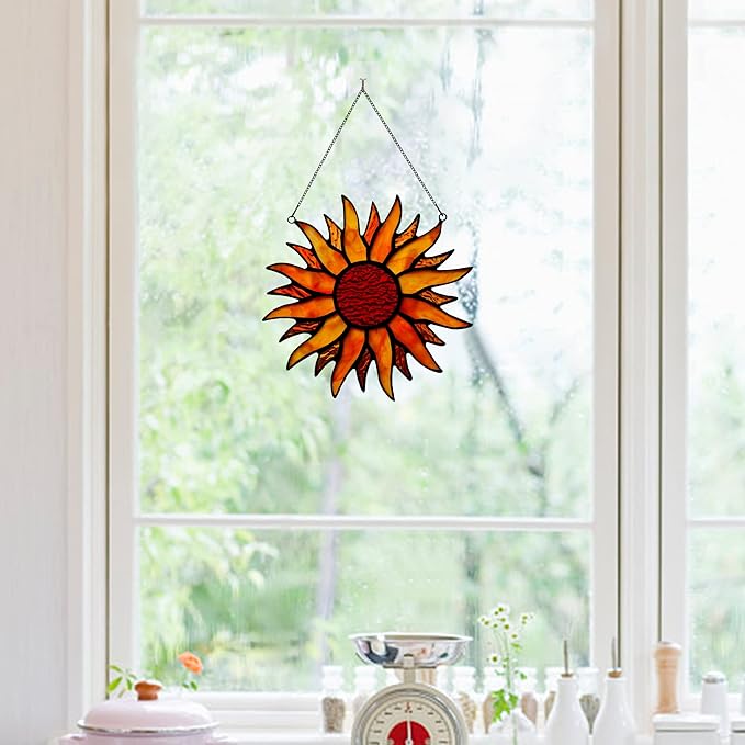 BOXCASA Sun Stained Glass Window Hangings,Tiffany Style Red Sun Suncatcher,Handcrafted Stained Glass Sun Decor for Window,Home Decorations for Window Living Room Bedroom Balcony Kitchen