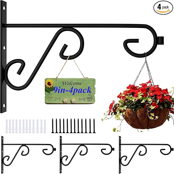 Plant Hook 4Pcs Hanging Basket Hooks,9in Plant Hangers Outdoor/Indoor,Black Plant Bracket Hook for Hanging Flower Baskets,Bird Feeder Hanger