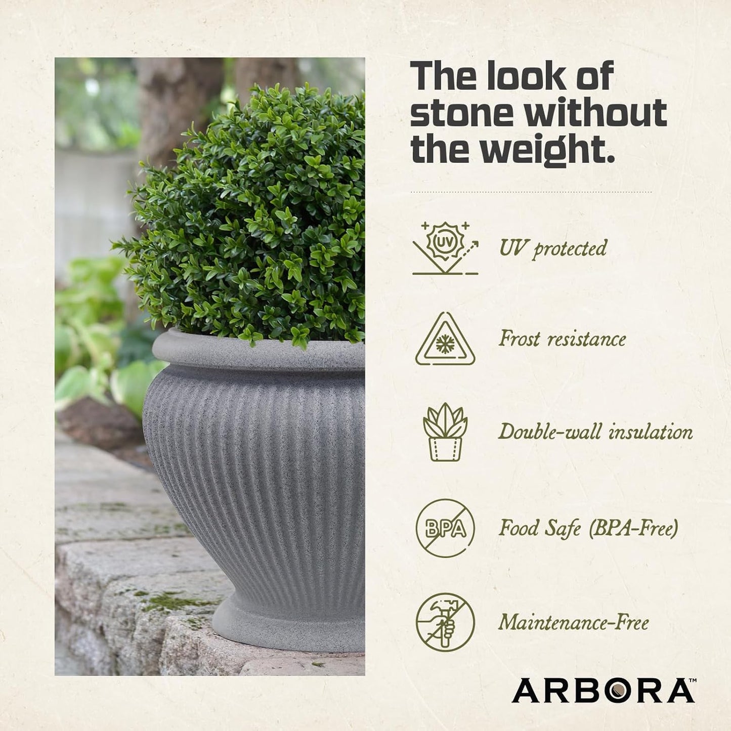 ARBORA 18" Cannes Urn Polyresin Indoor and Outdoor Planter with Stone Blend Concrete Gray Finish - Durable, Weatherproof, Lightweight, Large Plant Pot for Patio, Garden, Deck, Entryway