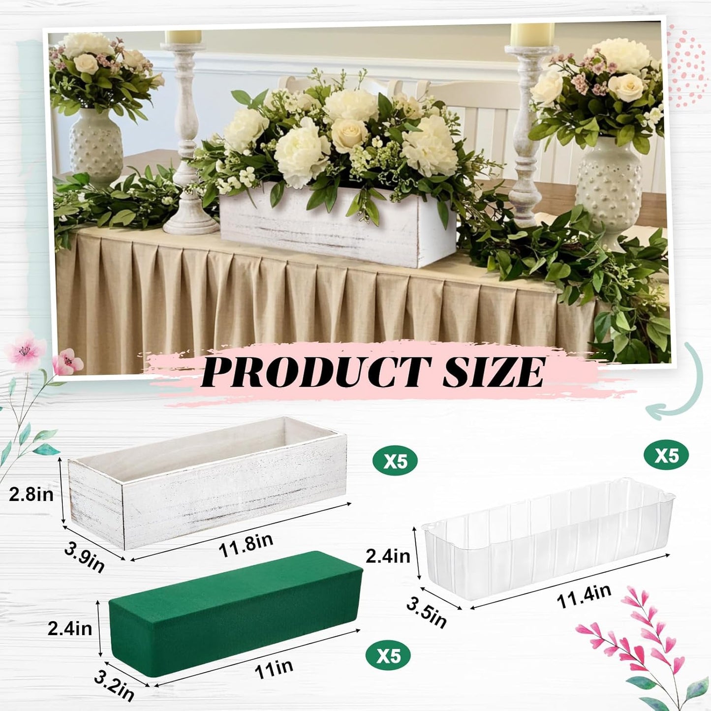 Dandat 5 Set Wood Boxes for Centerpieces 12x4 Inch Rectangle Wooden Planter Box Rustic Wooden Planters with Removable Plastic Liner Floral Foam Blocks for Home Wedding Garden Decor