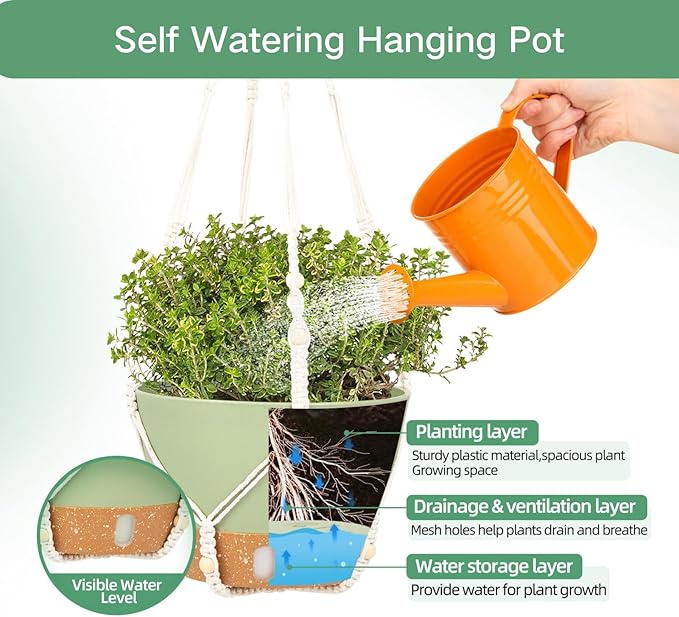 QCQHDU 2 Pack Hanging Planters for Indoor Plants, Outdoor Flower Hanging Baskets, Self Watering Pots with Drainage Holes & Removable Tray (Green, 10 inch, Macrame Hanger)