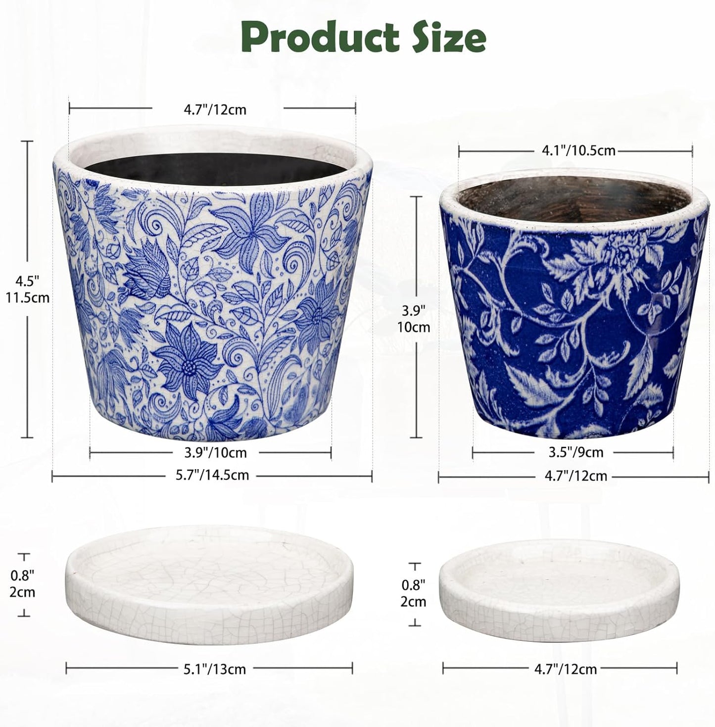 Set of 2 Ceramic Blue and White Plant Pots with Drainage Hole and Saucers, Vintage Farmhouse Accent Planters for Indoor Plants, Round Flower Pots Rustic Succulent Pots Terracotta Tubs 5.7/4.7 Inch