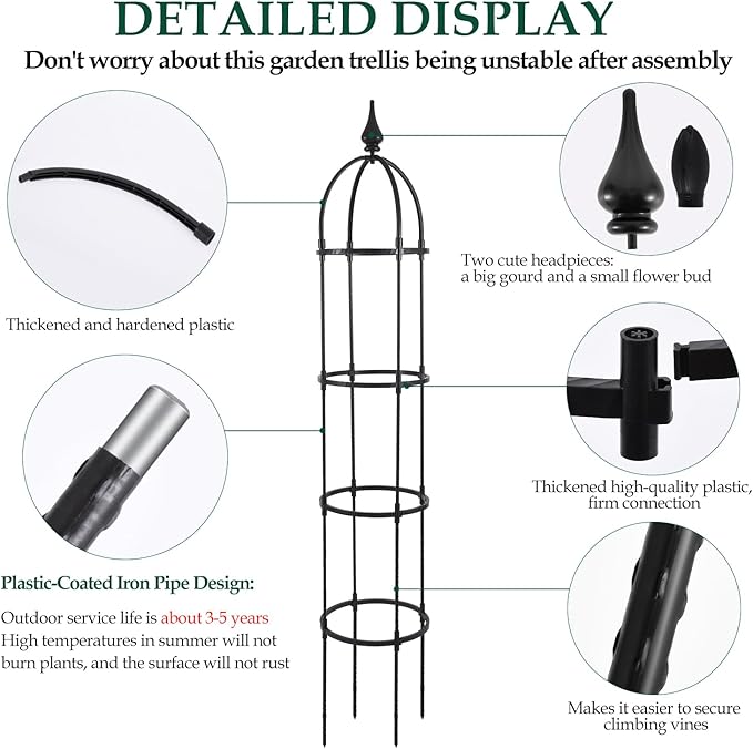 Garden Obelisk Trellis for Climbing Plants Outdoor, 6.6ft Tall Rustproof Coated Metal Plant Support with Garden Twist Tie (1 PK)